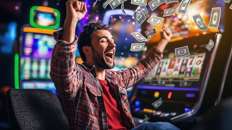 Ilustrasi kasino virtual dengan layar komputer menampilkan permainan poker dan roulette.